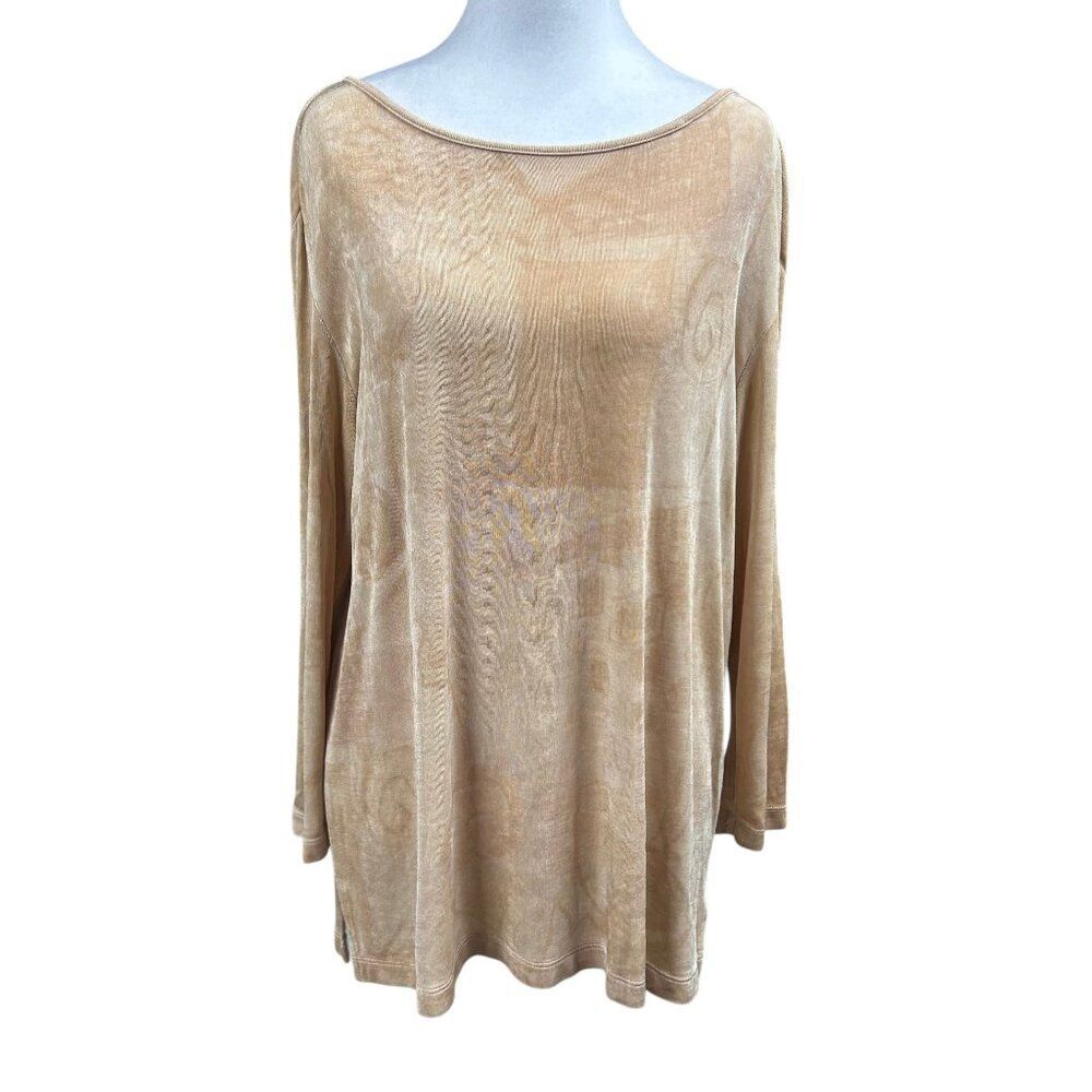 Chicos Geometric Artsy Print Slinky Knit Long Sleeve Blouse Sz 2 / L Tan